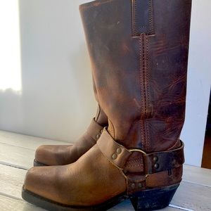 Frye Harness Cognac Distressed Leather Boots Women’s size 6.5 M